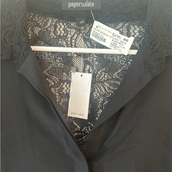 Paperwhite Black Flowy Silk Collared Blouse Sz 12 NWT Lace Chic NEW - Picture 3 of 16